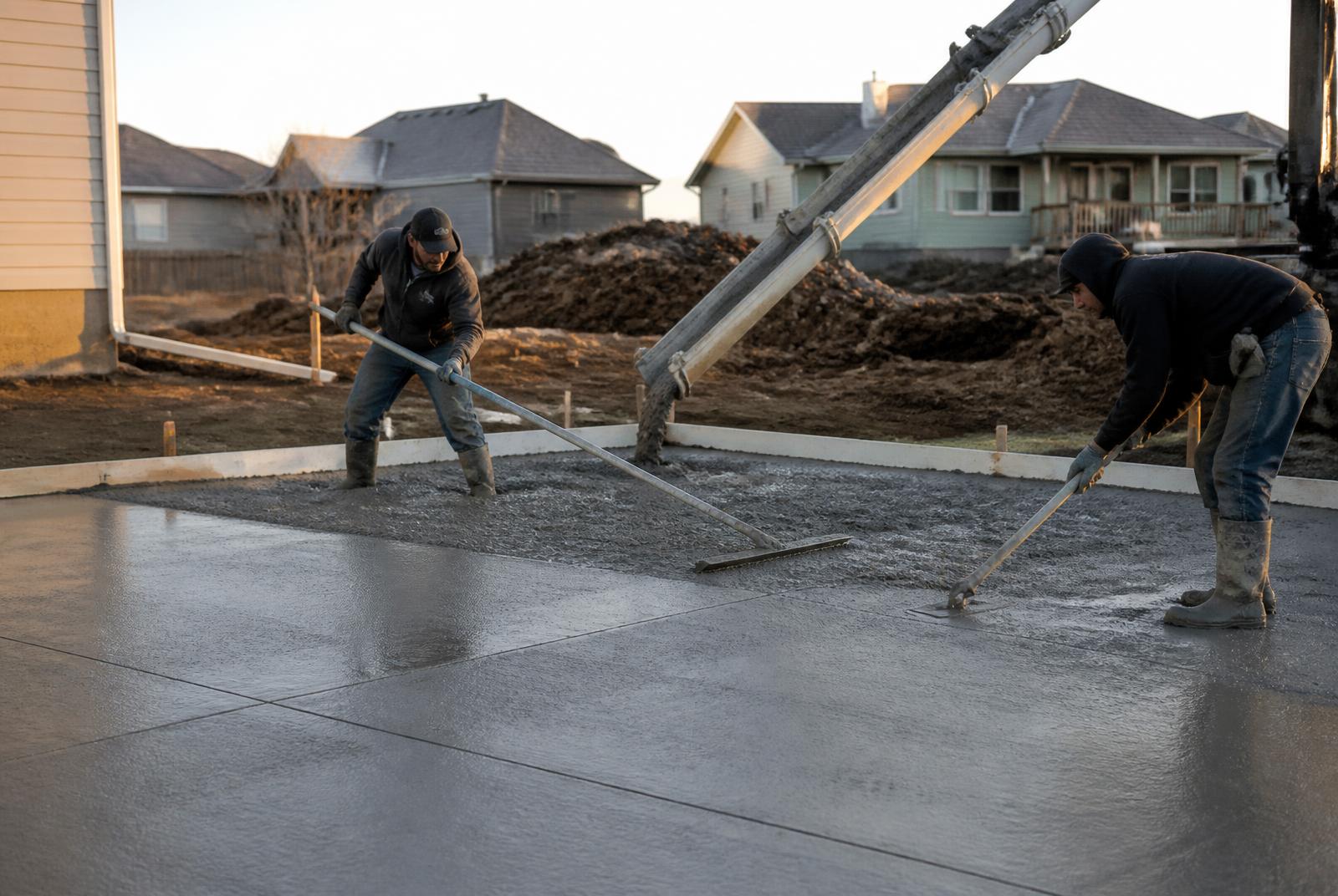 Two workers screeding and floating freshly poured concrete in morning light
